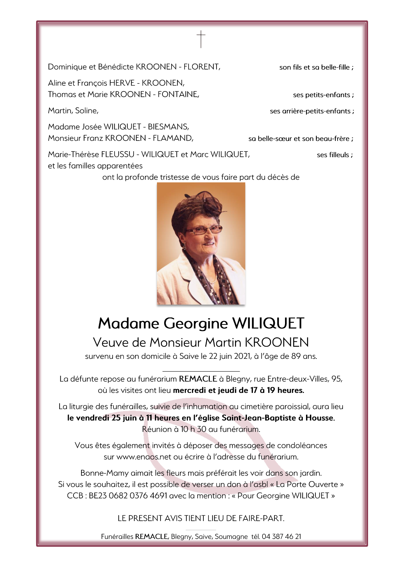 Death of Madame Georgine WILIQUET (22/06/2021), Annonce nécrologique